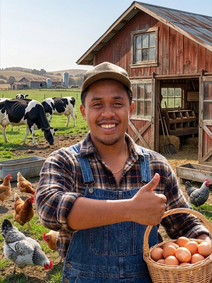 Éleveur de Roka Farm souriant, pouce levé, tenant un panier d'œufs frais devant sa grange, poules et vaches en arrière-plan